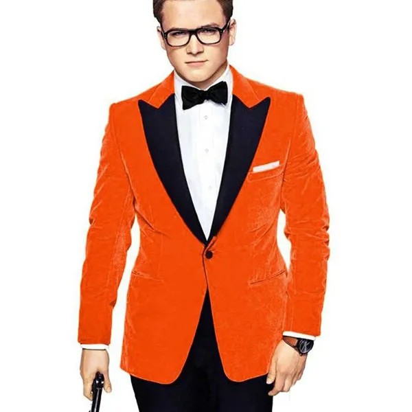 Taron Egerton оранжевые бархатные Мужские костюмы с заостренным лацканом из двух предметов смокинг для жениха на свадьбу вечерний костюм пиджак ...
