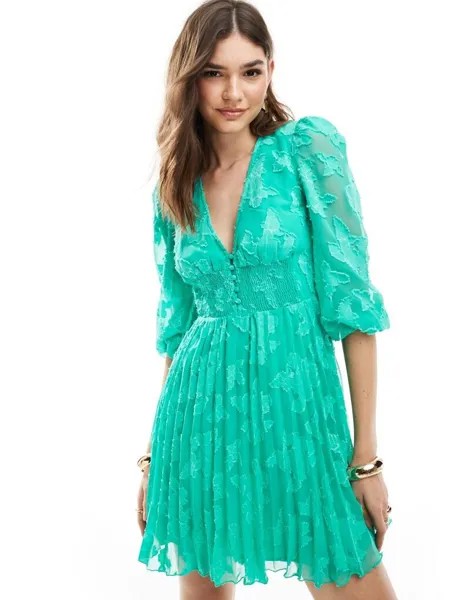 ASOS DESIGN – плиссированное платье миди с пуговицами и флокированным узором на талии