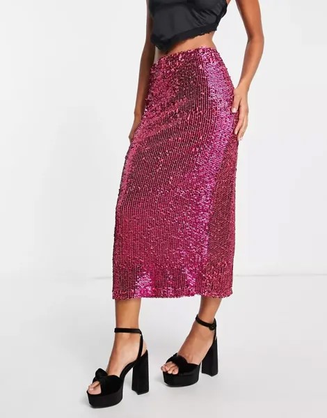 Розовая юбка миди с пайетками Topshop