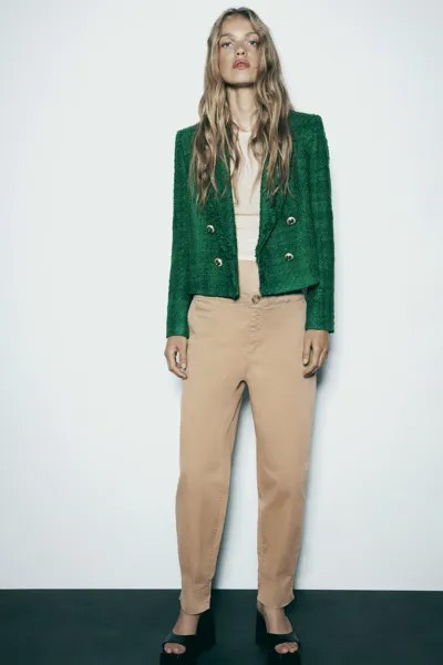 Укороченный двубортный пиджак с потертостями ZARA, зеленый