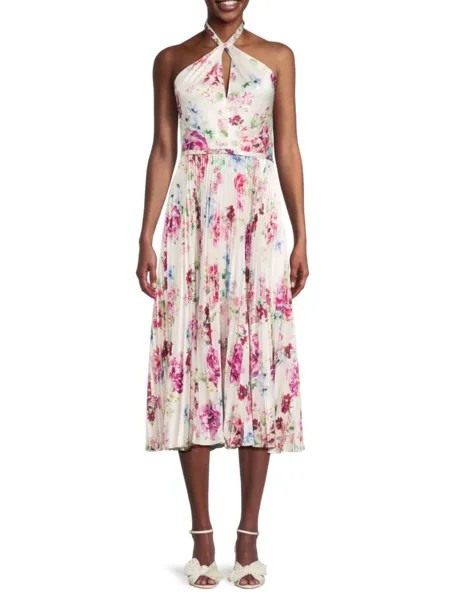 Атласное платье-миди с цветочным принтом и бретелькой на бретельках Monique Lhuillier, цвет White Pink