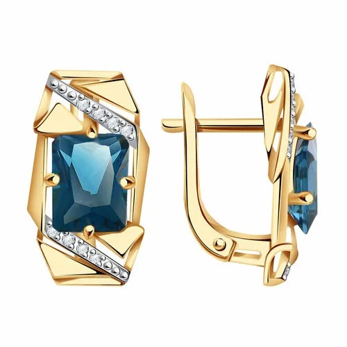 Серьги АЛЕКСАНДРА, золото, 585 проба, фианит, Лондон топаз, длина 1.9 см