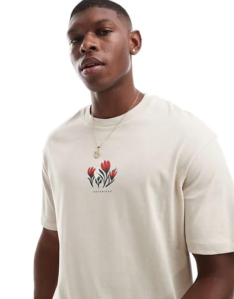 Selected Homme — футболка Oversize в цвете Hellbraun с цветочным принтом Brustprint
