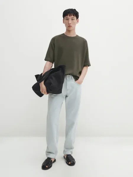 Трикотажная футболка из смесового хлопка с короткими рукавами Massimo Dutti, хаки