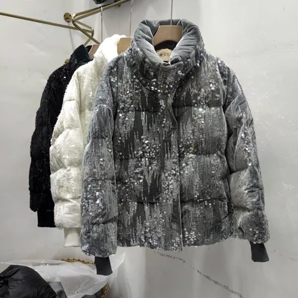 Зимняя утепленная куртка и пальто, женская пушистая хлопковая куртка с длинным рукавом и блестками для дам