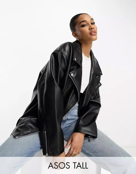 Куртка Asos Design Tall Longline Oversized Faux Leather Biker, черный