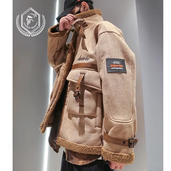 Мужская модная Свободная куртка из искусственного флиса, тяжелая шерстяная дубленка, повседневное лоскутное пальто в стиле хип-хоп