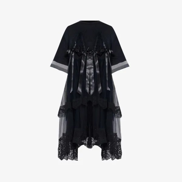 Платье миди из хлопкового джерси с пышными рукавами и кружевной отделкой Simone Rocha, черный