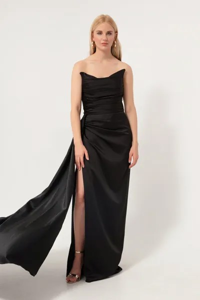 Женское черное длинное атласное вечернее платье с разрезом Lafaba, черный
