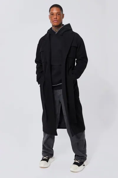 Длинное пальто с 4 карманами и поясом Boohoo, черный