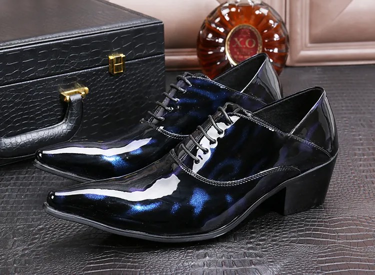 Мужские туфли из натуральной кожи; цвет синий, фиолетовый; блестящие туфли с острым носком на высоком каблуке для свадьбы; Туфли-оксфорды; ...