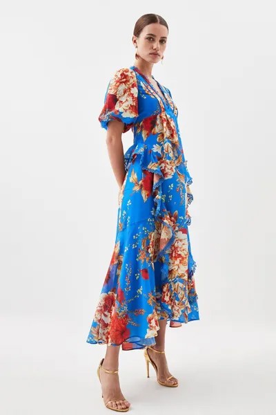 Миниатюрное тканое платье макси с глубоким вырезом и кружевной отделкой с цветочным принтом Karen Millen, мультиколор