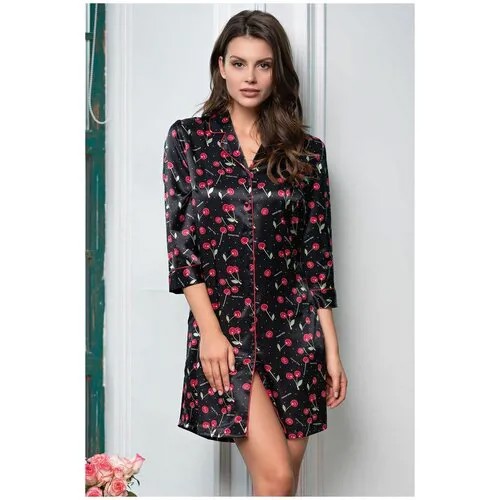 Mia-Amore Коротенький домашний халат-рубашка на пуговках, Cherry 8687, черный, L