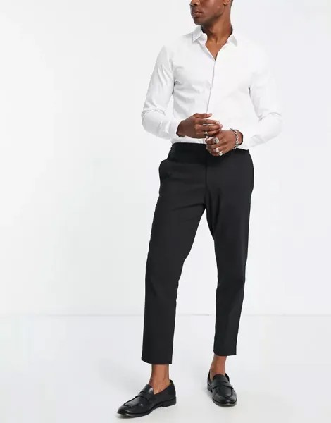 Selected Homme – элегантные зауженные укороченные брюки черного цвета с облегающим кроем и эластичным поясом