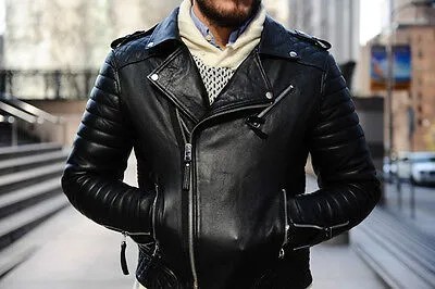 Мужская крутая стеганая байкерская черная кожаная куртка из натуральной кожи