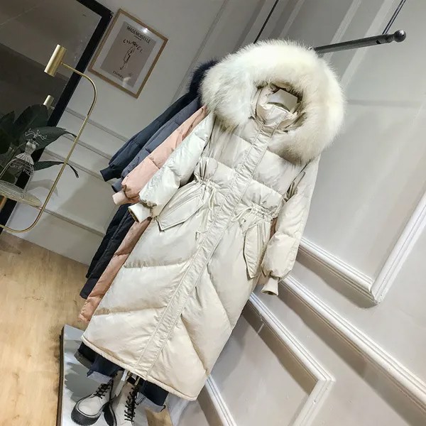 Женская Толстая парка на белом утином пуху, зимняя куртка большого размера с натуральным мехом енота, женское теплое водонепроницаемое зимнее пальто с капюшоном, 90%, 2020