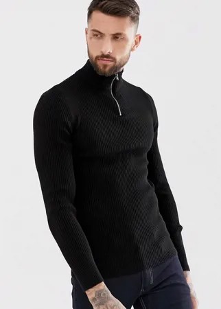 Черный обтягивающий джемпер в рубчик с воротом на молнии ASOS DESIGN-Черный цвет