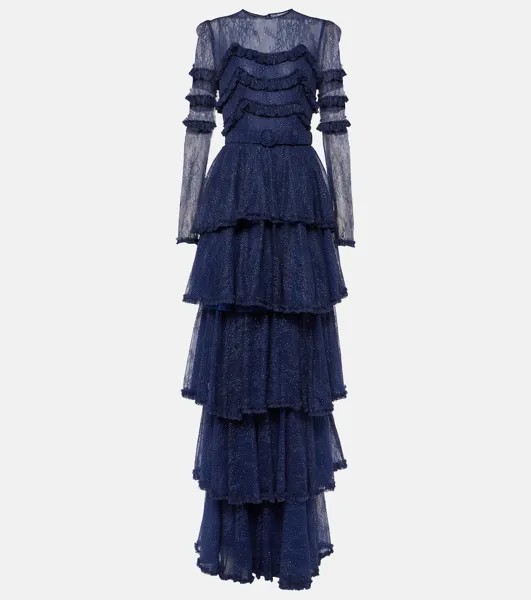 Ярусное кружевное платье с оборками Costarellos, синий