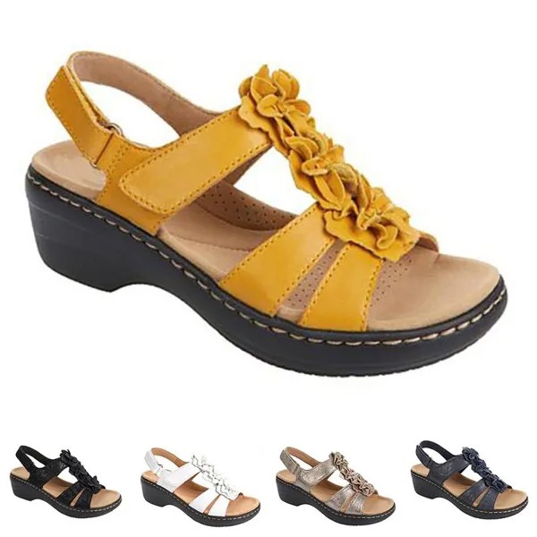 Женская обувь Лето 2022 Плюс Размер 43 Круглый носок Цветок Velcro Сандалии Женщины Клин Римские Сандалии Женщины Кожаные Сандалии
