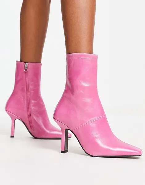 Розовые кожаные ботинки премиум-класса на среднем каблуке ASOS DESIGN Reign