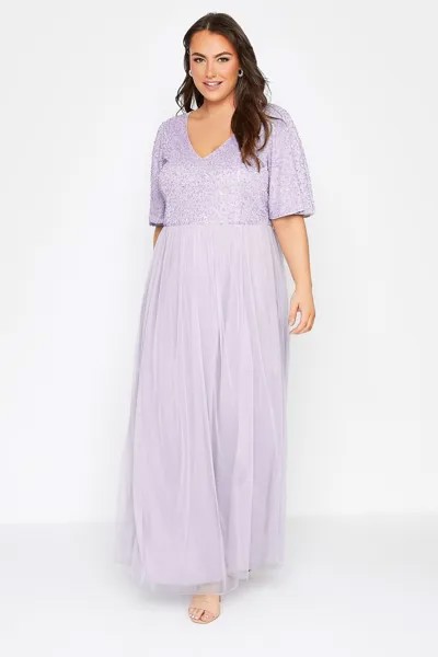 Украшенное платье макси с расклешенными рукавами Yours, фиолетовый