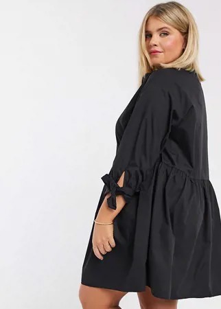 Свободное платье мини на пуговицах с завязками на рукавах ASOS DESIGN Curve-Черный