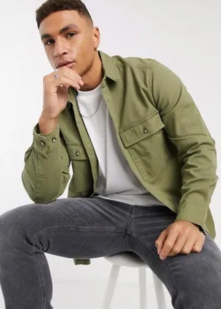 Куртка-рубашка из саржи цвета хаки ASOS DESIGN-Зеленый