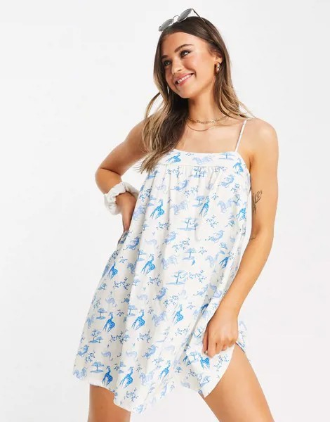 Свободный сарафан мини кремового цвета с синим принтом животных ASOS DESIGN-Белый