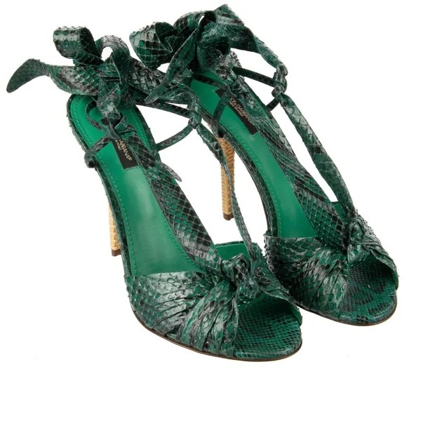 DOLCE - GABBANA Туфли-лодочки на каблуке со змеиным узором в тропическом стиле Босоножки KEIRA Зеленый Бежевый 09445