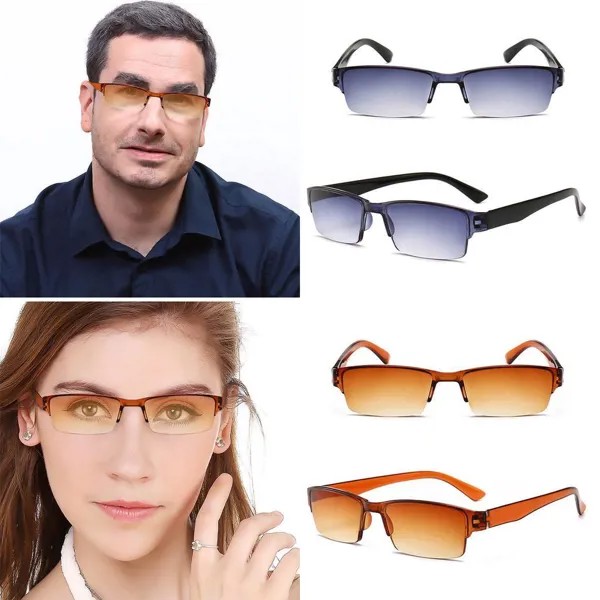 Ретро Ультра-легкие Смоляные очки Очки для чтения Прямоугольная полурамка Унисекс Двойной фокус Двухцветный