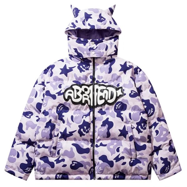 Мужские тяжелые куртки в стиле хип-хоп, Зимняя парка камуфляжного цвета с рогом дьявола, съемные свободные забавные лыжные 2022 Harajuku, утепленн...
