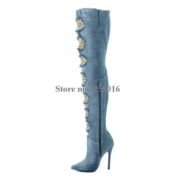 Женские джинсовые ботфорты выше колена, голубые модные облегающие сапоги с острым носком, на тонком каблуке и платформе, обувь на высоком каблуке