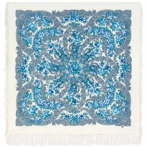 Платок Павловопосадская платочная мануфактура,125х125 см, белый, голубой
