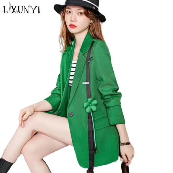 Пиджак LXUNYI женский зеленый, весна-осень 2022, Новый Повседневный пиджак в стиле High Street, Женский Корейский пиджак с цветочным принтом