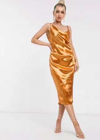 Блестящее платье-комбинация миди с драпировкой ASOS DESIGN-Золотой