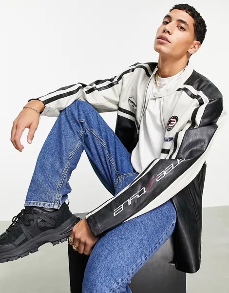 Черная oversized-куртка в гоночном стиле из искусственной кожи с вышивкой ASOS DESIGN-Черный цвет
