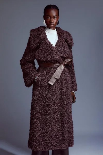 Пальто миди в стиле тедди Petite с поясом Karen Millen, коричневый