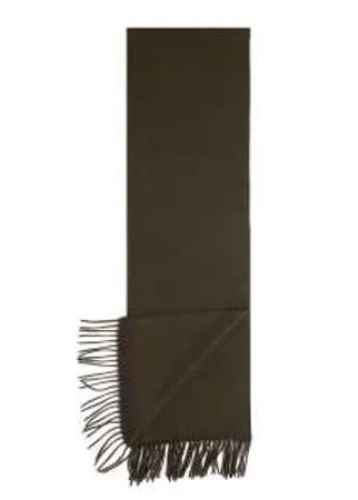 Монохромный шерстяной шарф зеленого цвета с бахромой средней длины. Теплый аксессуар размером 180х50 см.