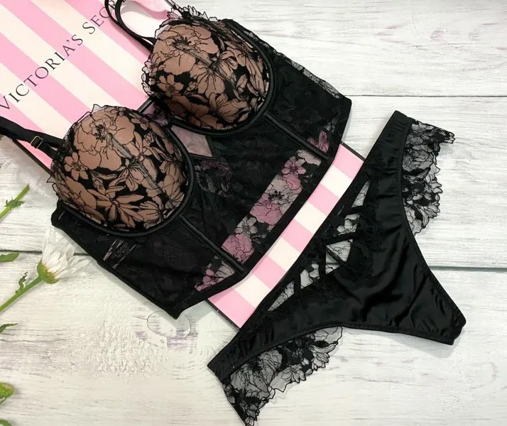 Victorias Secret Luxe Lingerie Кружевное бюстье с легкой подкладкой и стрингами Черный 36D