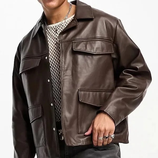 Мужской винтажный карманный кожаный пиджак кожаная коричневая куртка винтажное пальто