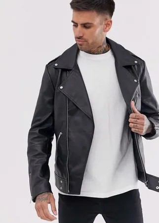 Черная кожаная байкерская куртка ASOS DESIGN-Черный цвет
