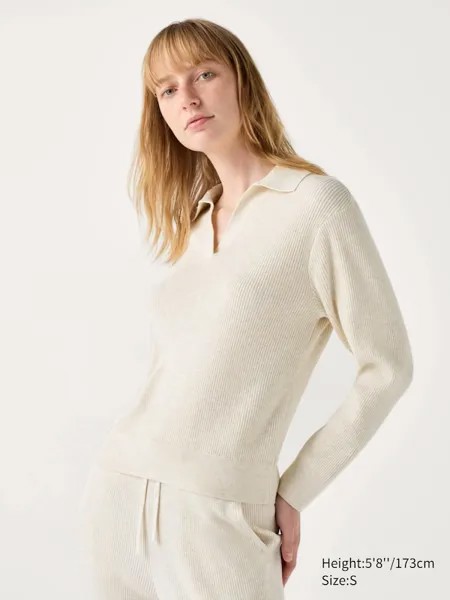 Стирающийся трикотажный джемпер поло в рубчик Uniqlo, бежевый