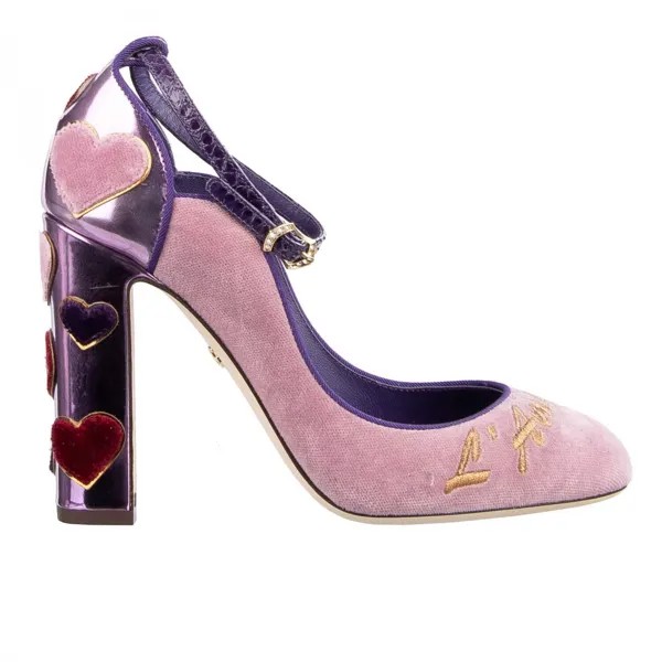 DOLCE - GABBANA Бархатные туфли-лодочки с ремешком на щиколотке в форме сердца VALLY LAmore Purple Pink 09032