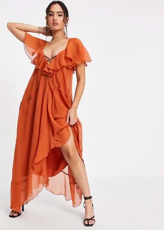 Платье миди рыжего цвета с оборками, шнуровкой спереди и регулируемой талией ASOS DESIGN-Коричневый цвет