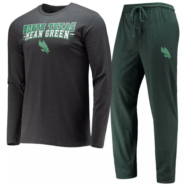Мужская футболка Concepts Sport Kelly Green/Heared Charcoal North Texas Mean Green Meter с длинными рукавами и брюки, комплект для сна