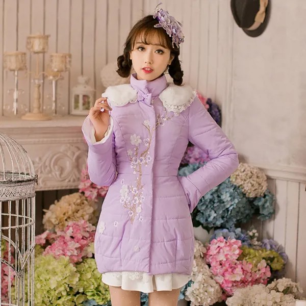 Принцесса милое фиолетовое пальто конфетные Цветочные украшения Вышивка однобортный тонкий плюшевый воротник японский дизайн C16CD6202