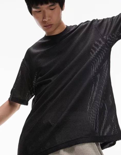 Черная объемная футболка из искусственной кожи и сетки Topman