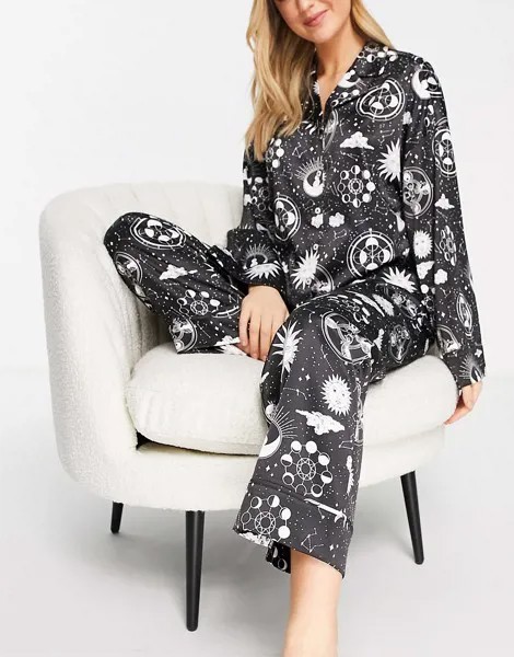 Черная атласная пижама с принтом солнца и звезд Monki-Черный
