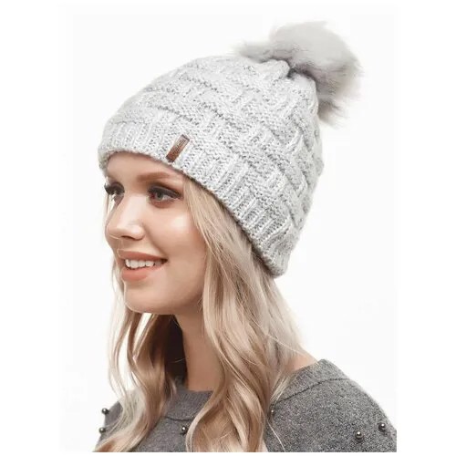 Женская зимняя шапка с отворотом, бини, зима, осенняя, теплая, вязаная, крупная вязка, с помпоном, двухслойная, с подкладом, на флисе, серая