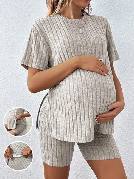SHEIN для беременных женщин, 2 шт./компл., свободная повседневная футболка с круглым вырезом и шорты с эластичным ремнем на талии, хаки